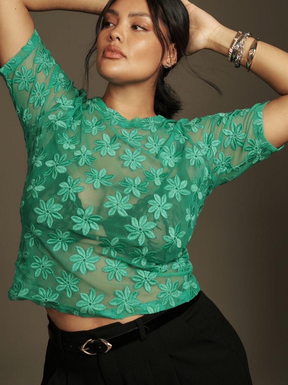 Anthropologie porridge Daisy Emerald Green Floral lace Mesh sheer Top 70s NWT - Picture 10 of 13